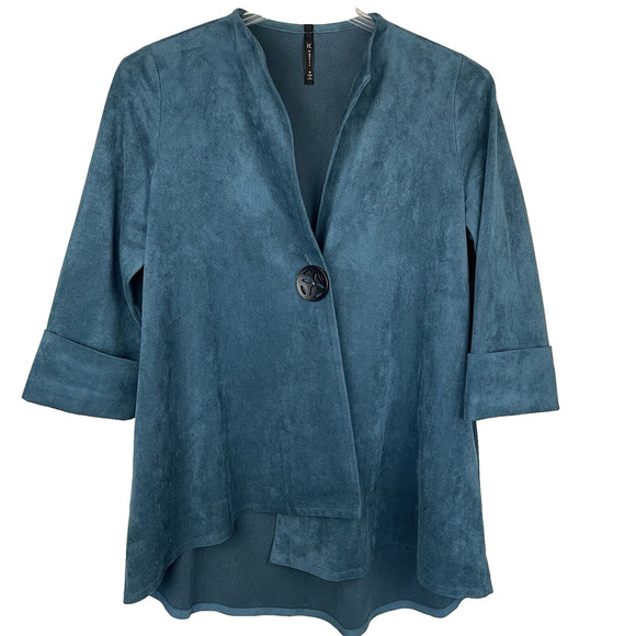 IC by CONNIE K Faux Suede One Button Blazer Jacket Size M Teal Asymmetrical Boho - Picture 1 of 10